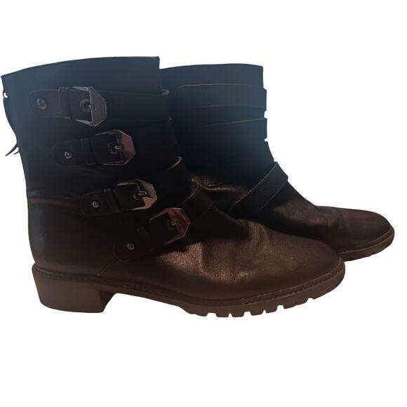 Stuart Weitzman Jitterbug black leather moto biker buckle ankle boots size 8 - Picture 1 of 5